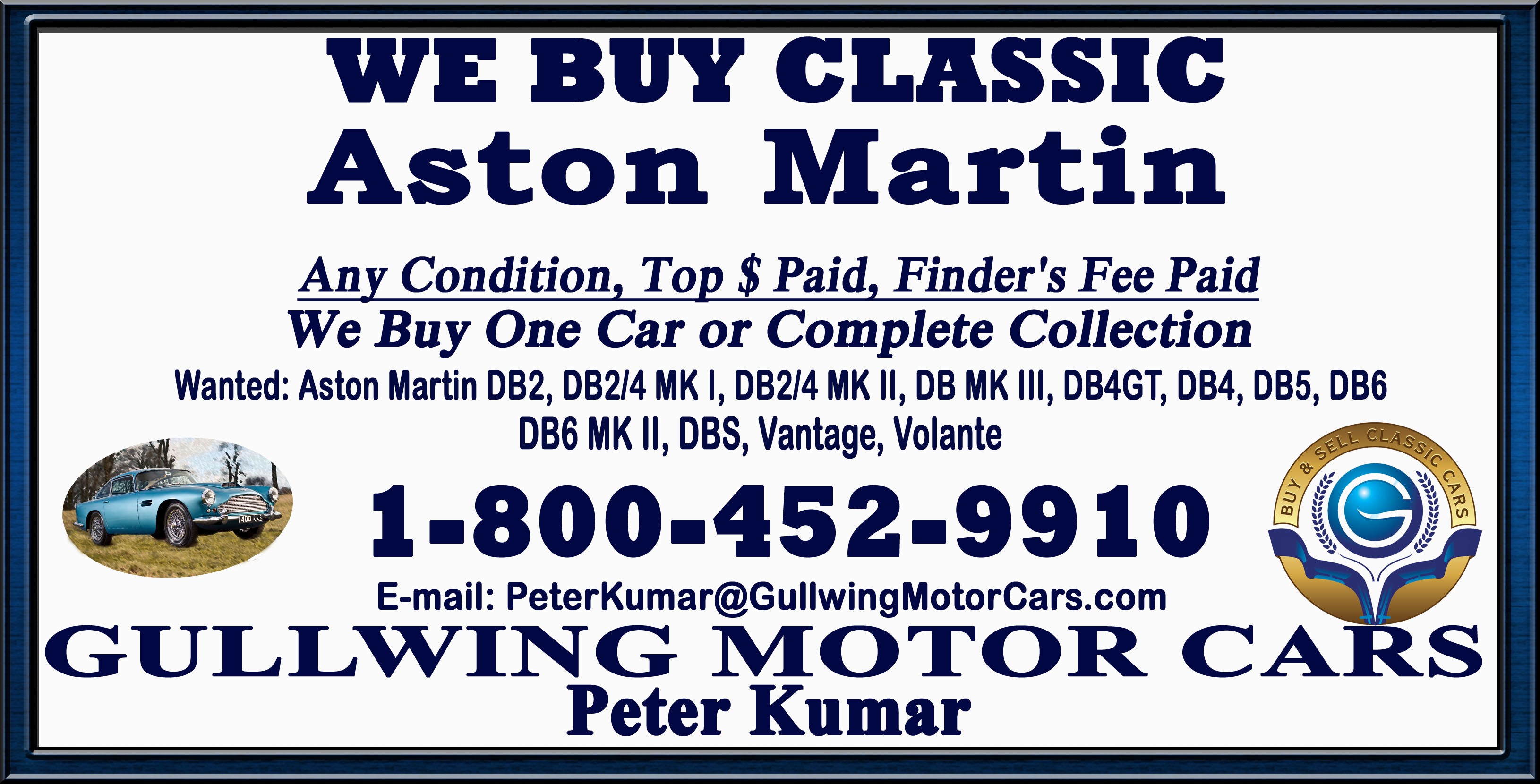 Sell Classic Aston Martin | Call Gullwing Motor Cars | Vintage BMW For Sale